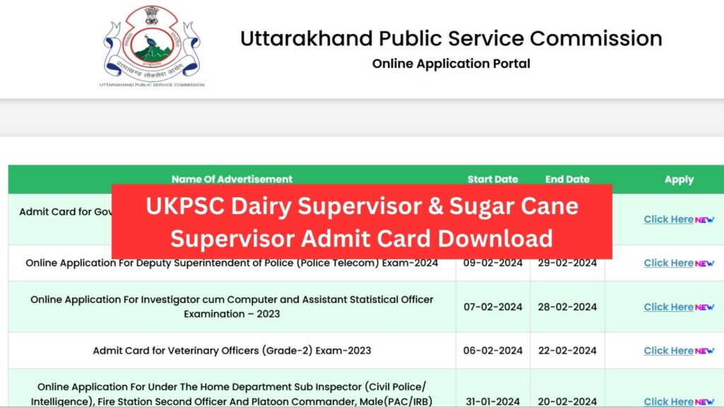 UKPSC Dairy Supervisor & Sugar Cane Supervisor Admit Card